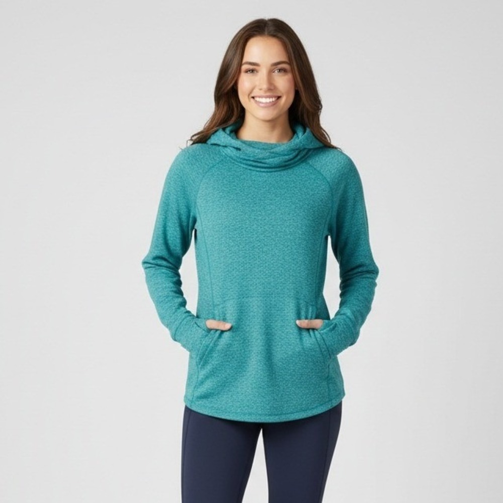 Duluth Trading Co Teal Heathered Cowl Neck Thumbhole Hoodie Sweatshirt Womens XS